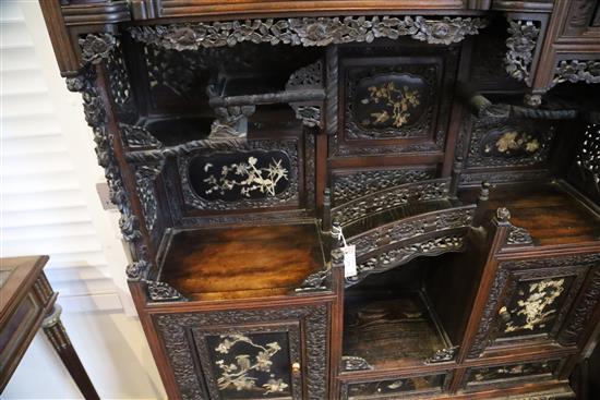 A Japanese Meiji period carved wood and shibayama cabinet, W.3ft 10in. D.1ft .5in. H.6ft 2in.